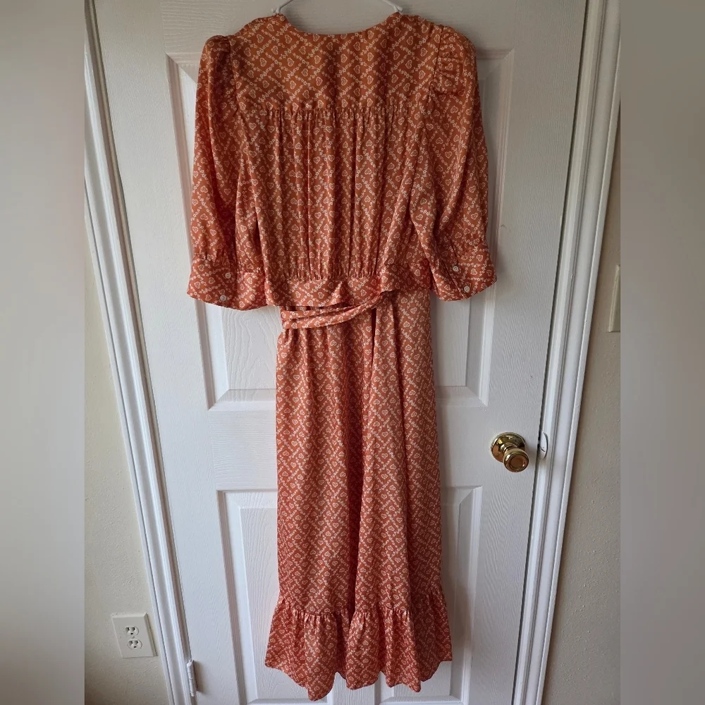 SANDRO Enrika Puff Sleeve Wrap Dress S Heart Print Orange $415 Romantic Luxury - Picture 9 of 12